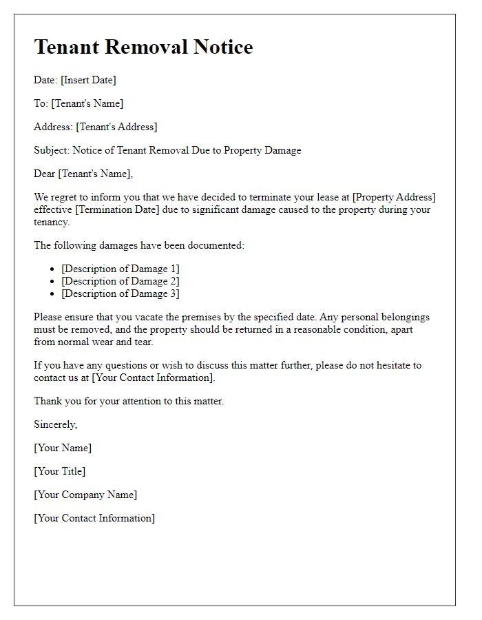 Letter template of tenant removal notice due to property damage