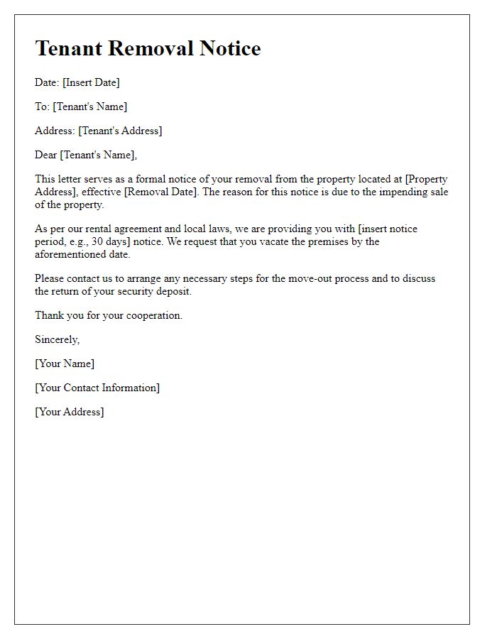 Letter template of tenant removal notice for property sale