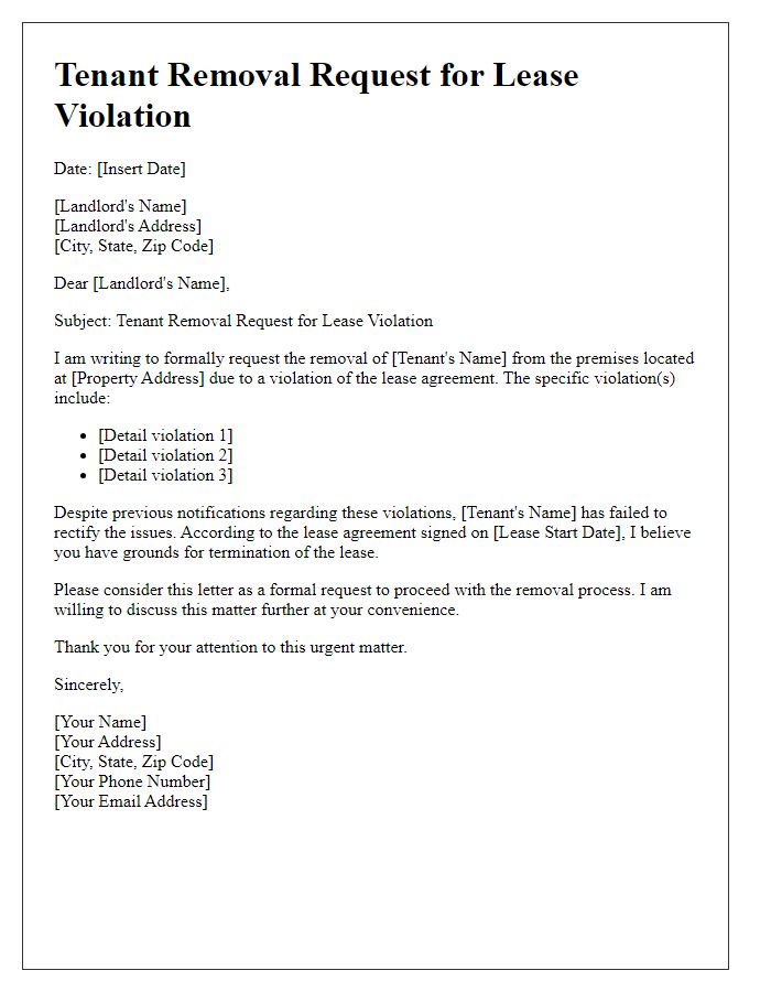 Letter template of tenant removal request for lease violation