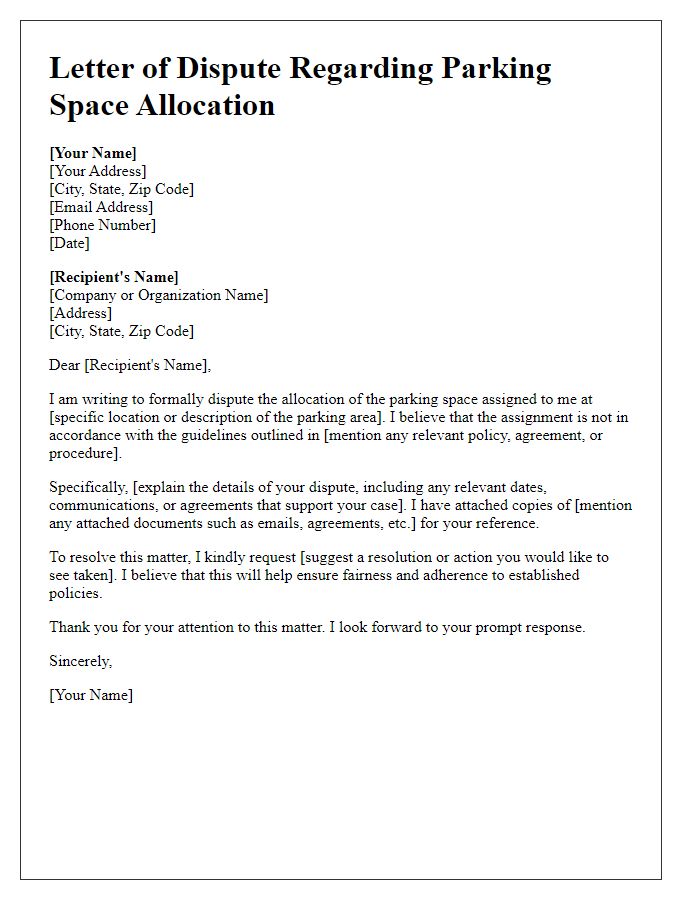 Letter template of dispute regarding parking space allocation