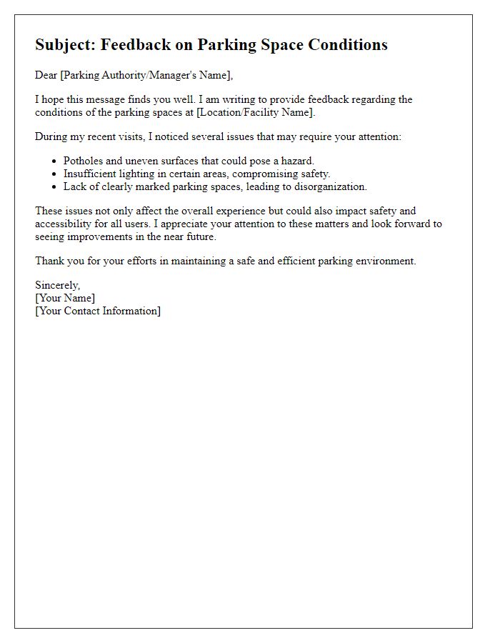 Letter template of feedback on parking space conditions