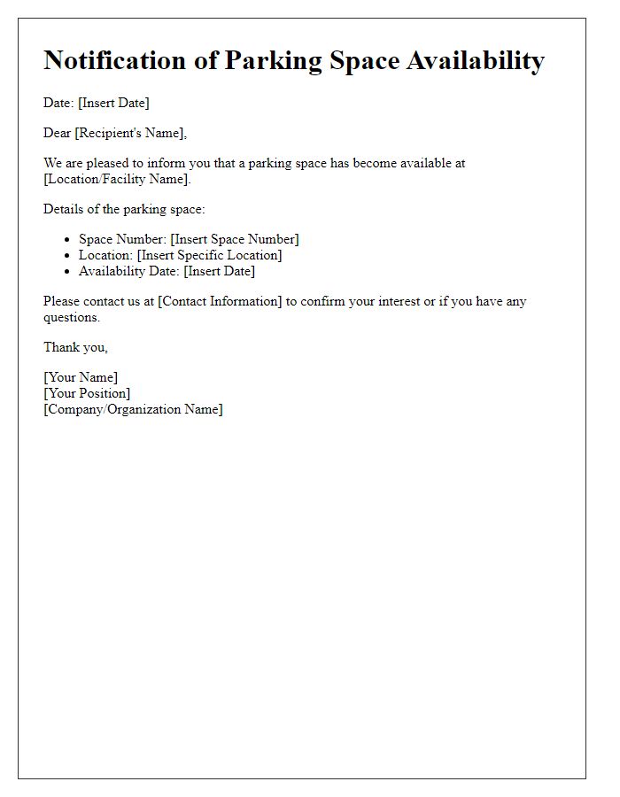 Letter template of notification for parking space availability