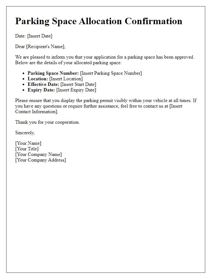 Letter template of parking space allocation confirmation