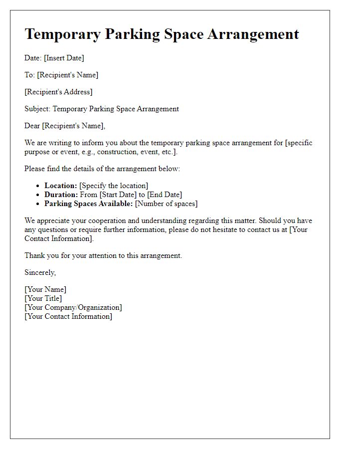 Letter template of temporary parking space arrangement