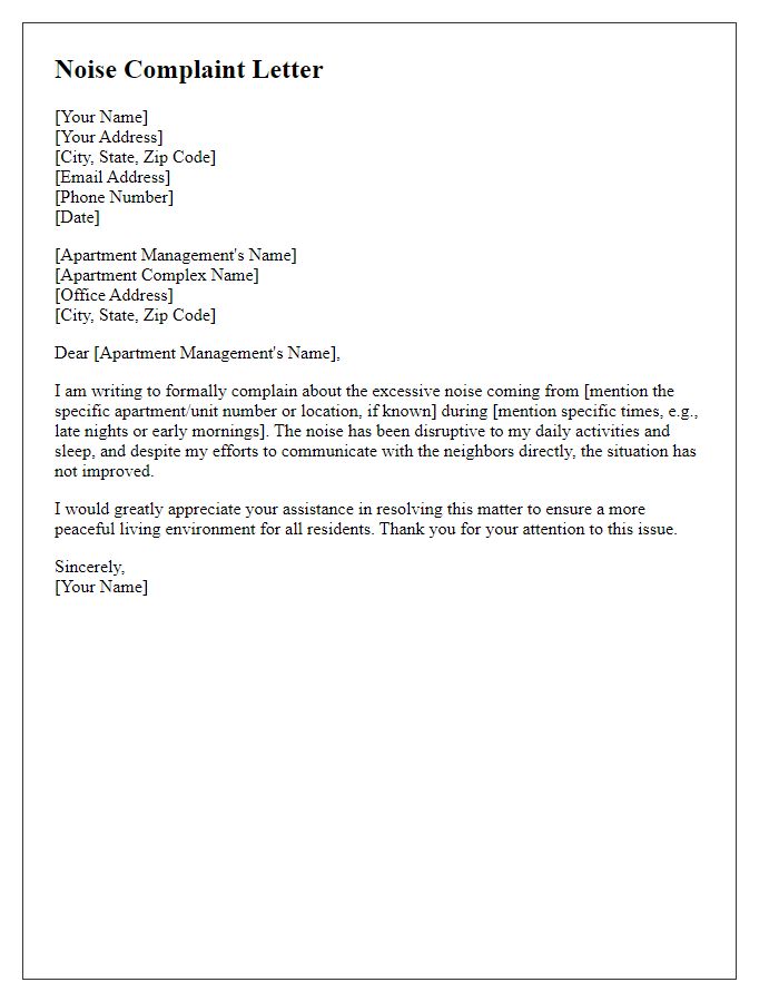 Letter template of noise complaint for apartment management