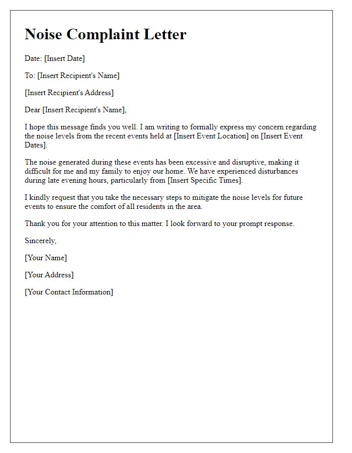 Letter template of noise complaint for nearby event noise