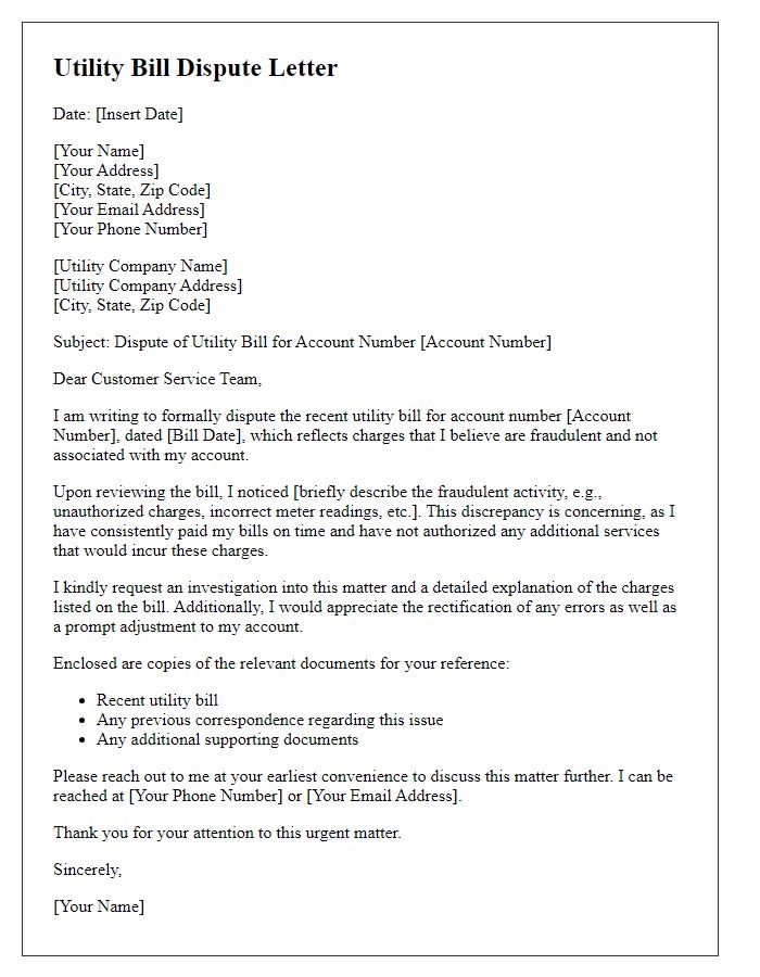 Letter template of utility bill dispute for fraudulent account activity.