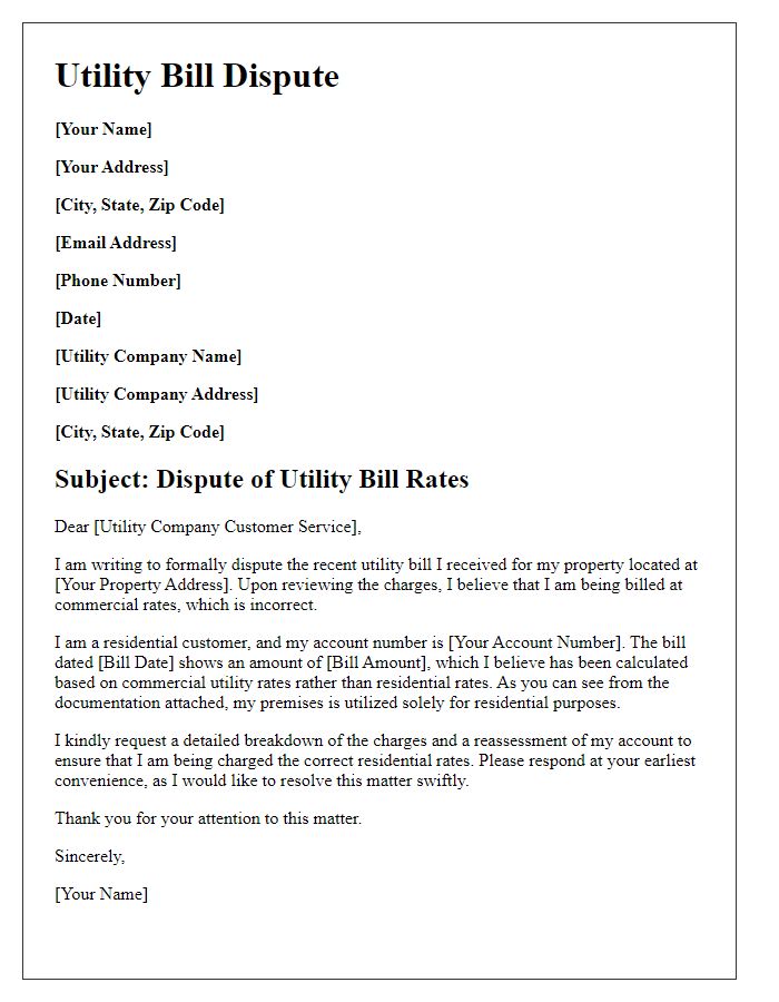 Letter template of utility bill dispute for residential vs commercial rates.