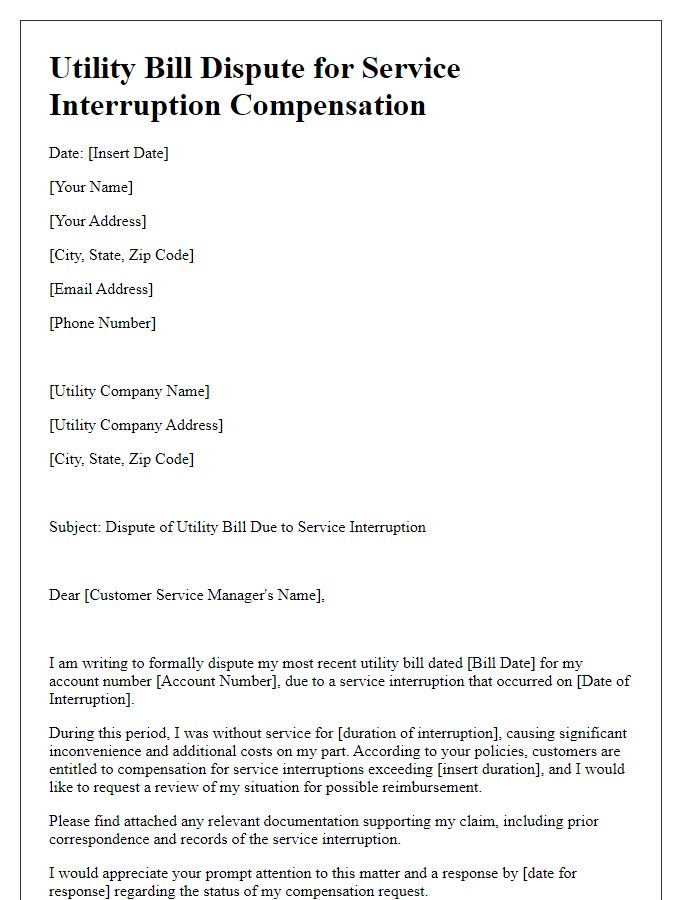 Letter template of utility bill dispute for service interruption compensation.