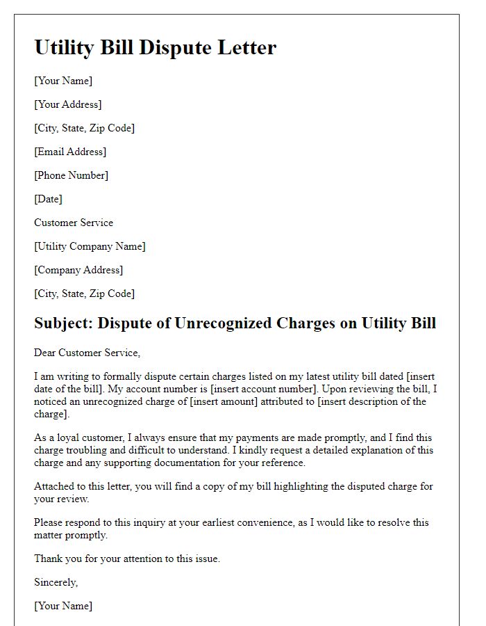 Letter template of utility bill dispute for unrecognized charges.