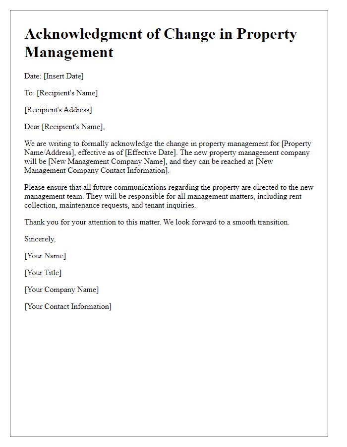 Letter template of Acknowledgment of Change in Property Management