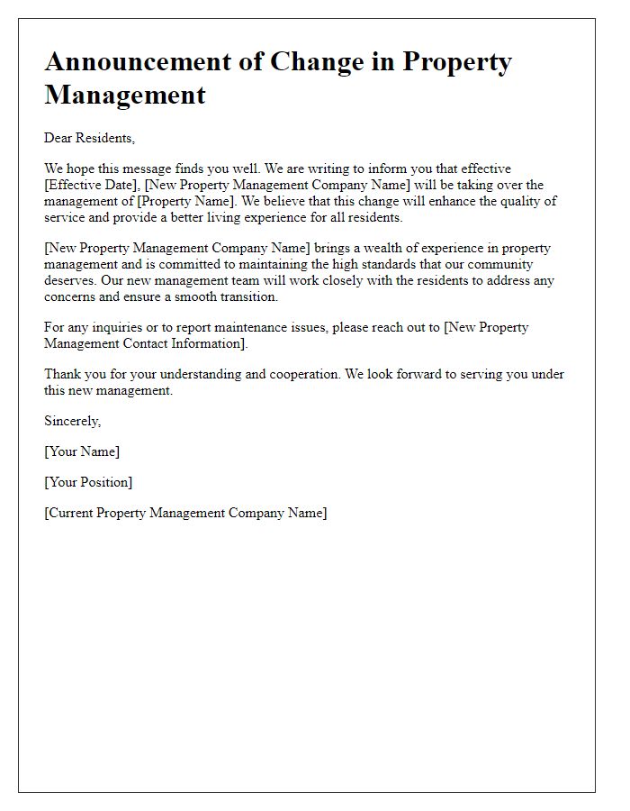 Letter template of Announcement for Change in Property Management