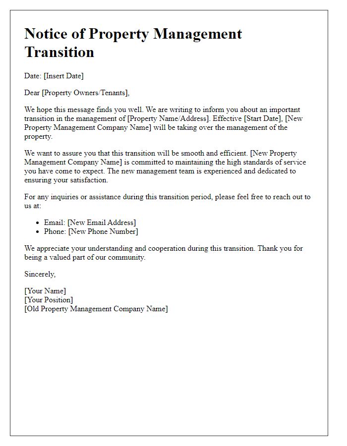 Letter template of Information Regarding Property Management Transition