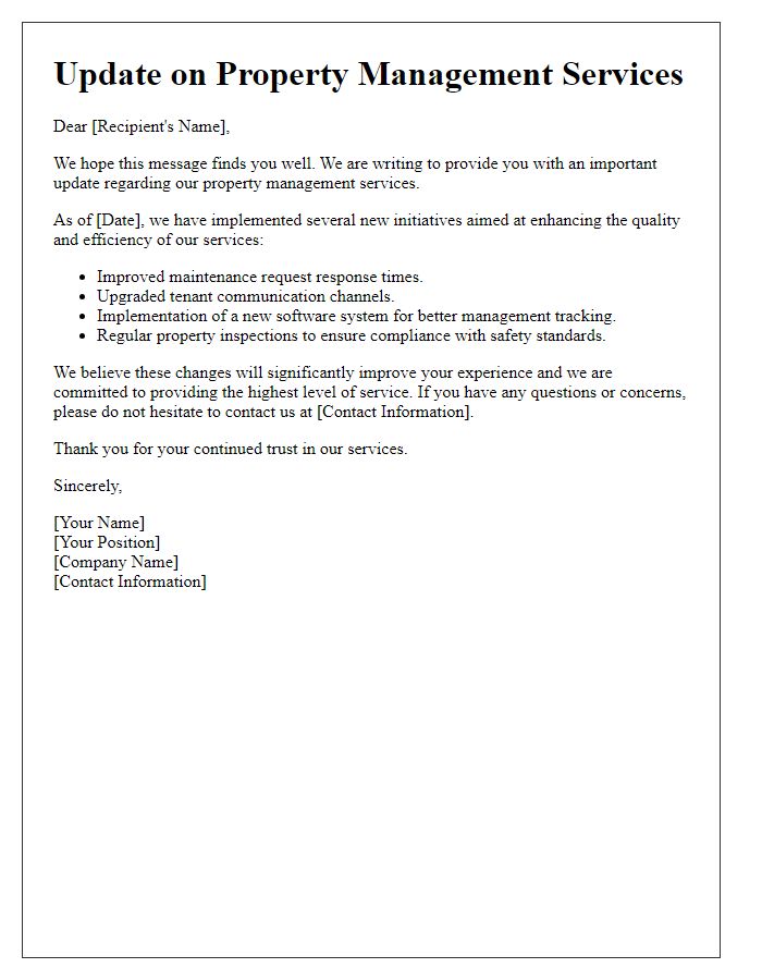 Letter template of Update on Property Management Services