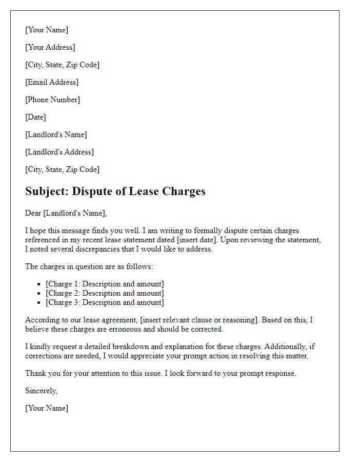 Letter template of disputing lease charges.