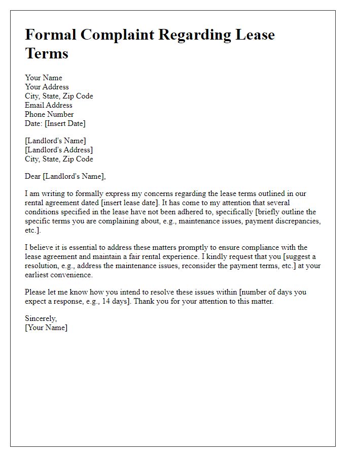 Letter template of formal complaint about lease terms.