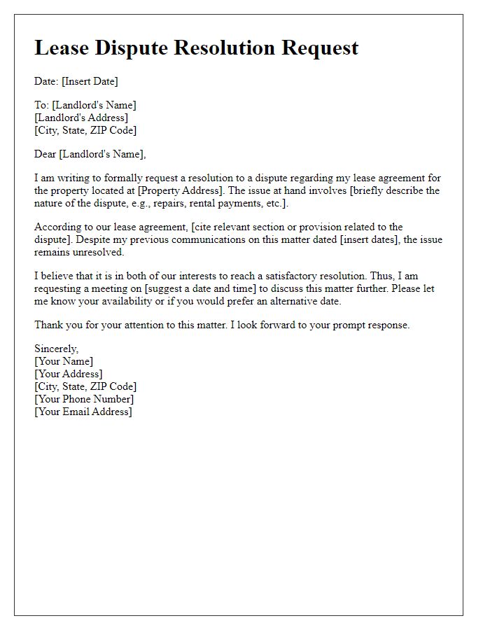 Letter template of lease dispute resolution request.