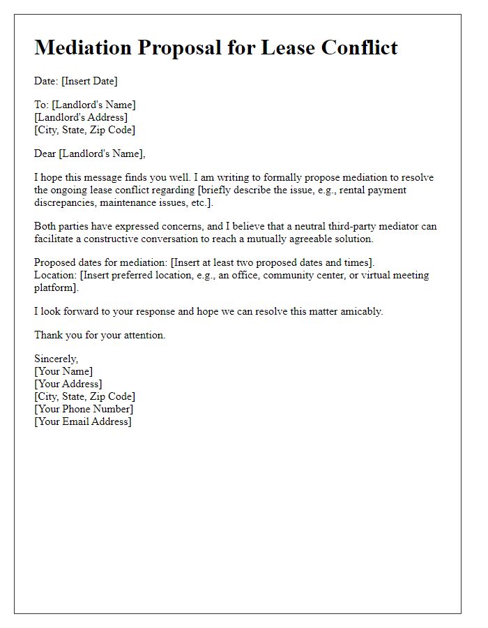 Letter template of mediation proposal for lease conflicts.