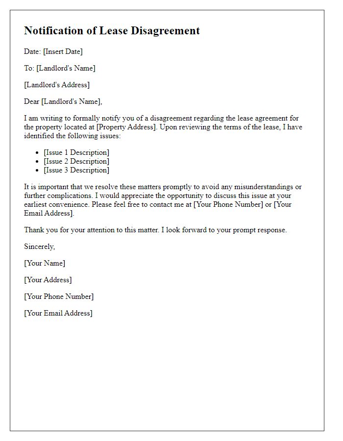 Letter template of notification regarding lease disagreement.