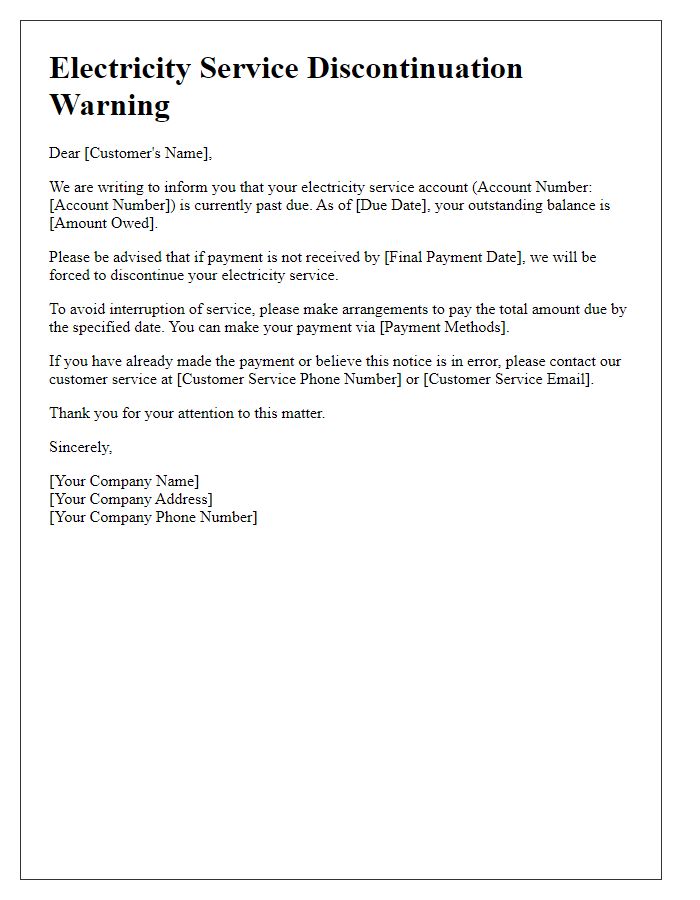 Letter template of electricity service discontinuation warning