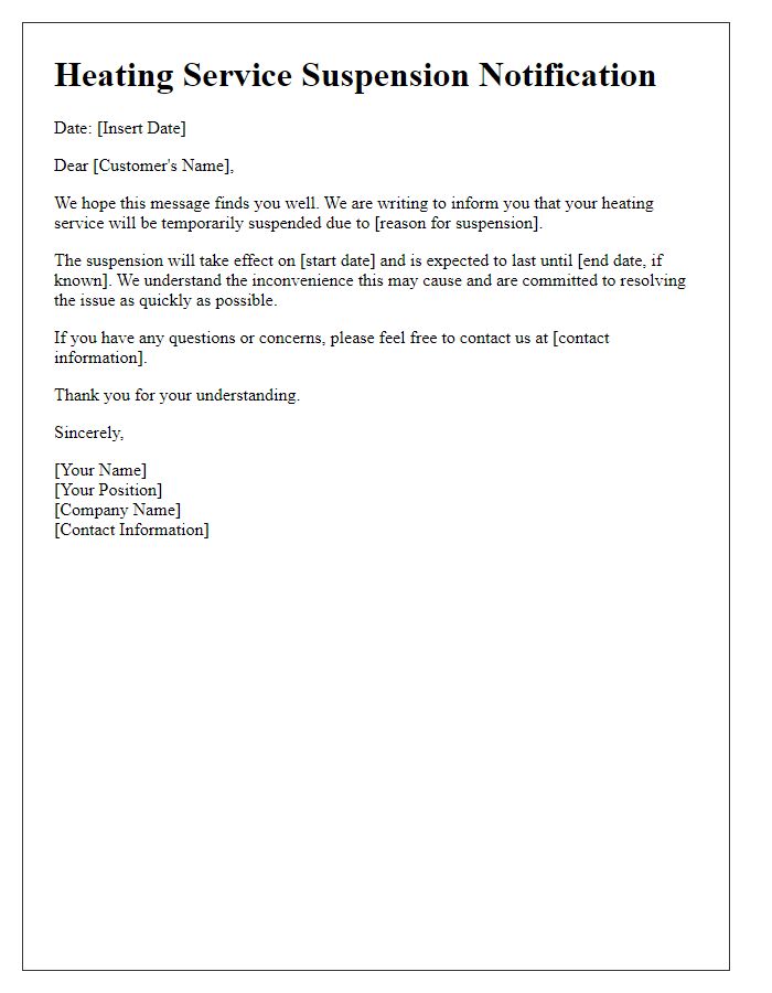 Letter template of heating service suspension message