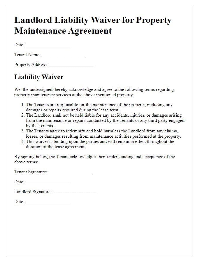 Letter template of landlord liability waiver for property maintenance agreements