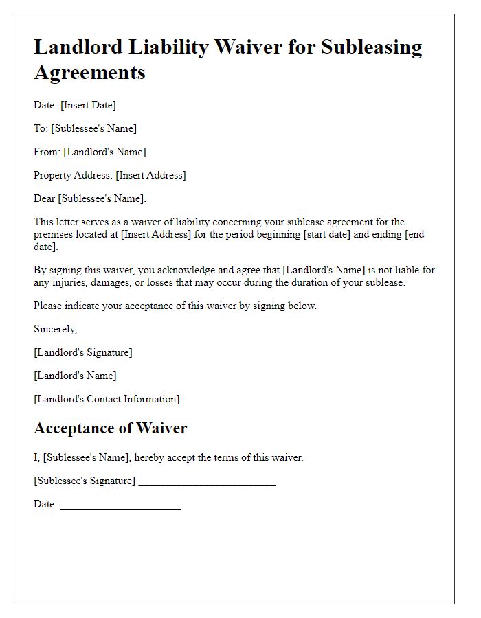 Letter template of landlord liability waiver for subleasing agreements