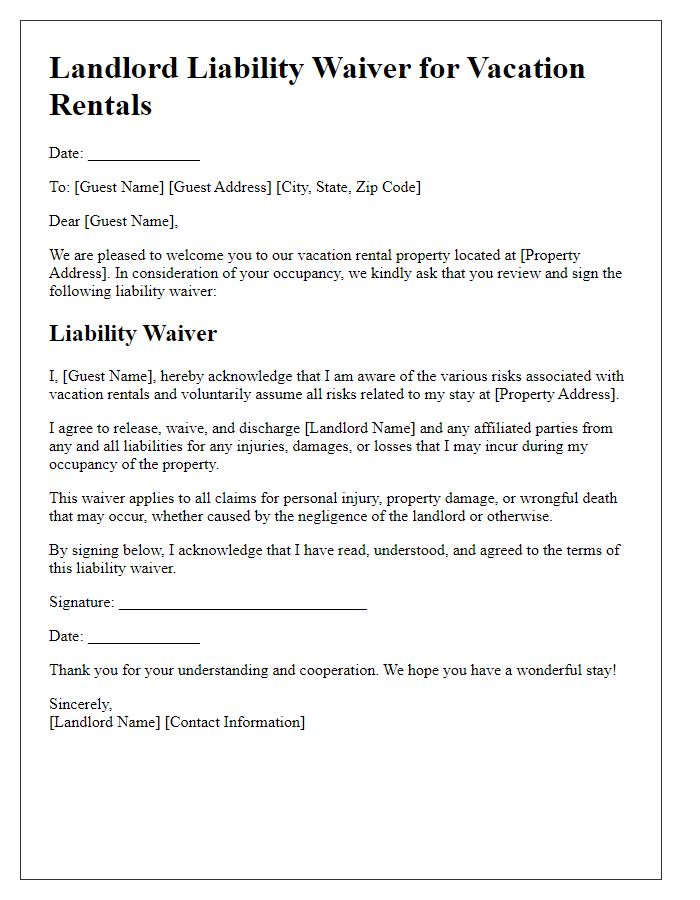 Letter template of landlord liability waiver for vacation rentals