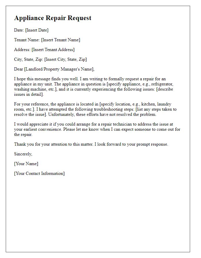 Letter template of appliance repair request for tenant