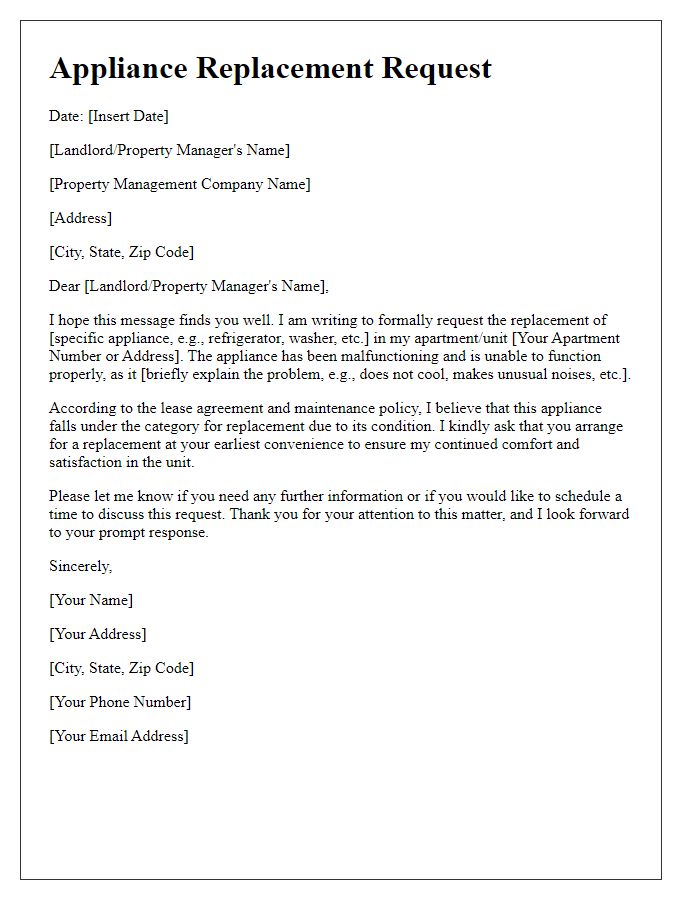 Letter template of appliance replacement request by tenant