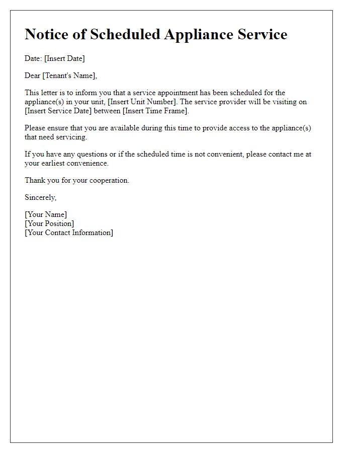 Letter template of notification to tenant about appliance service scheduled
