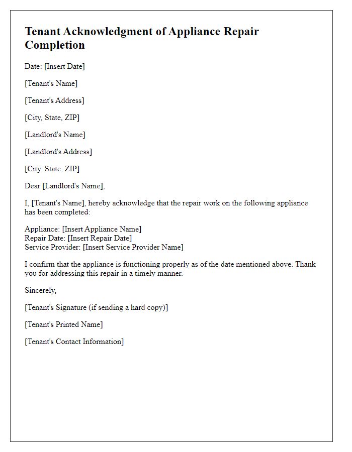 Letter template of tenant acknowledgment of appliance repair completion