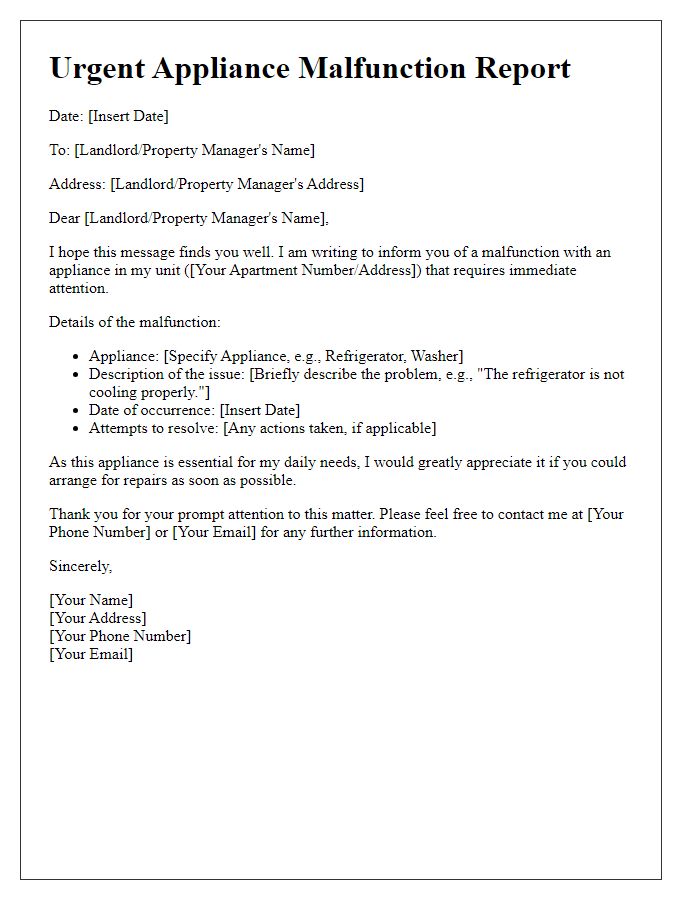 Letter template of urgent appliance malfunction report from tenant