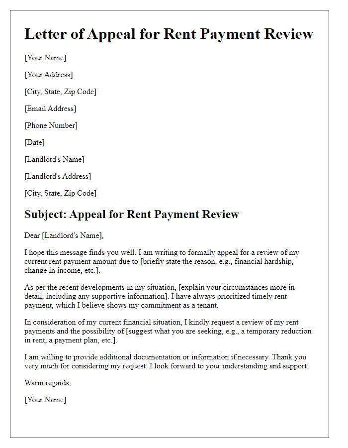 Letter template of Appeal for Rent Payment Review