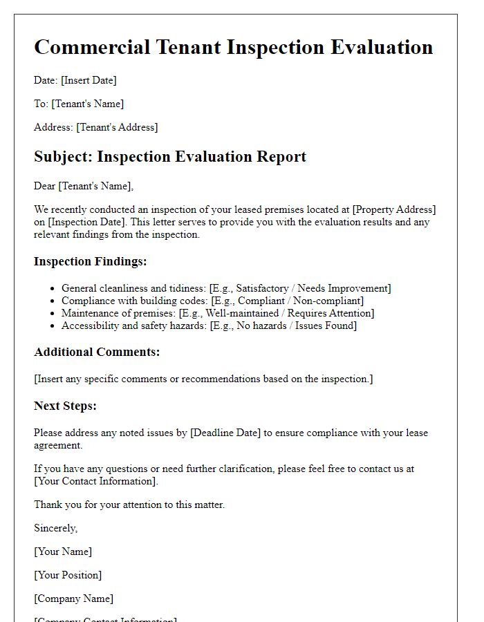 Letter template of commercial tenant inspection evaluation