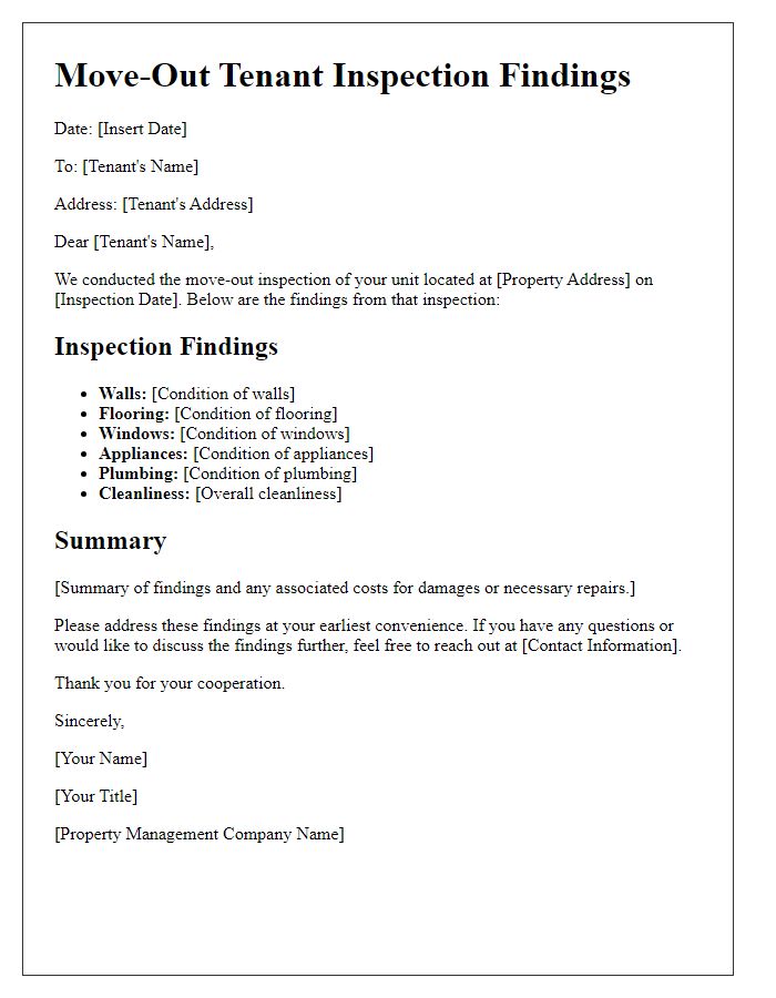 Letter template of move-out tenant inspection findings