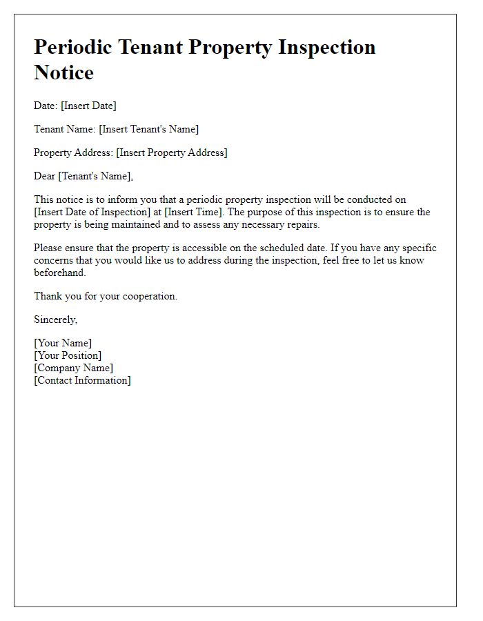 Letter template of periodic tenant property inspection