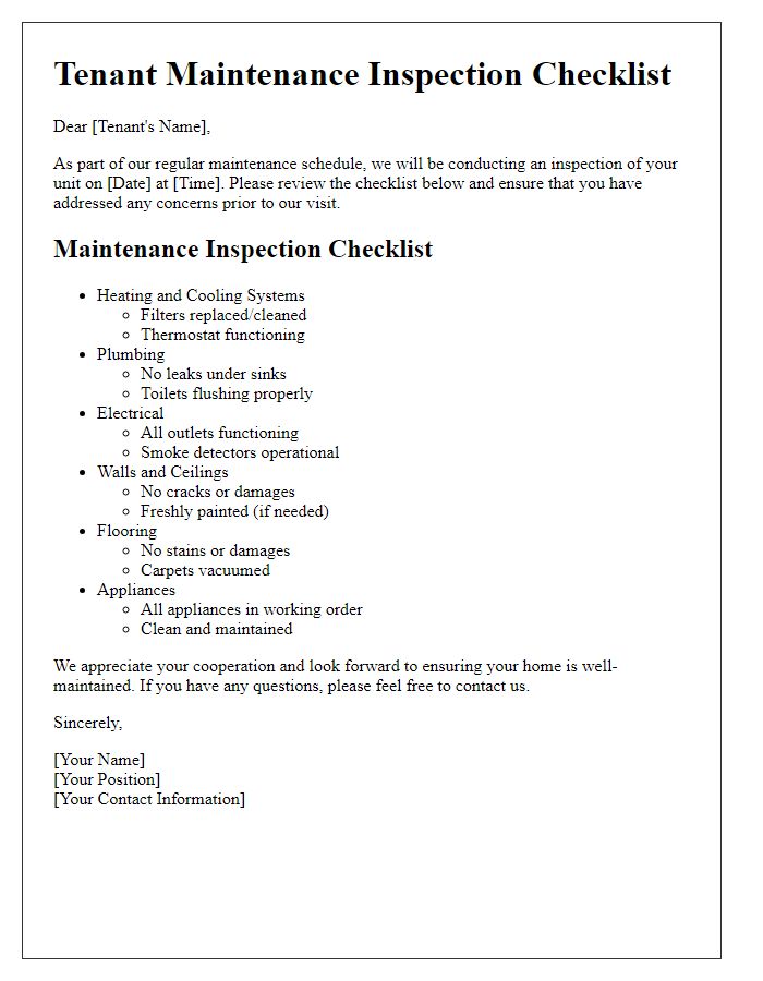 Letter template of tenant maintenance inspection checklist