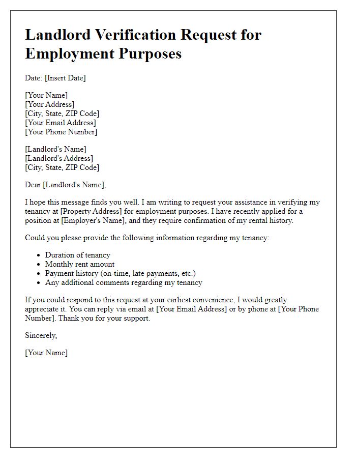 Letter template of landlord verification request for employment purposes