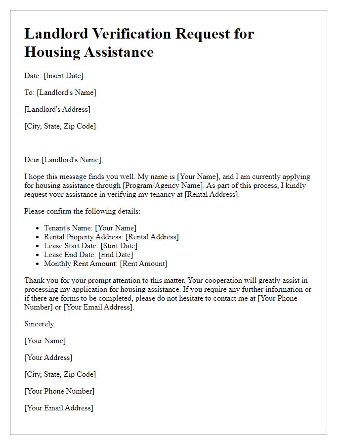 Letter template of landlord verification request for housing assistance