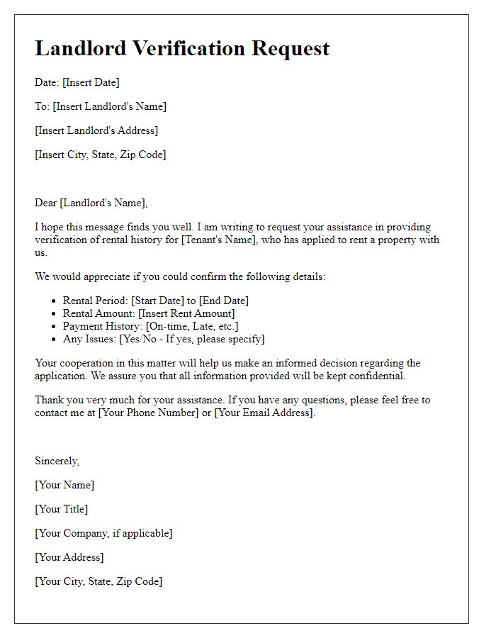 Letter template of landlord verification request for rental history