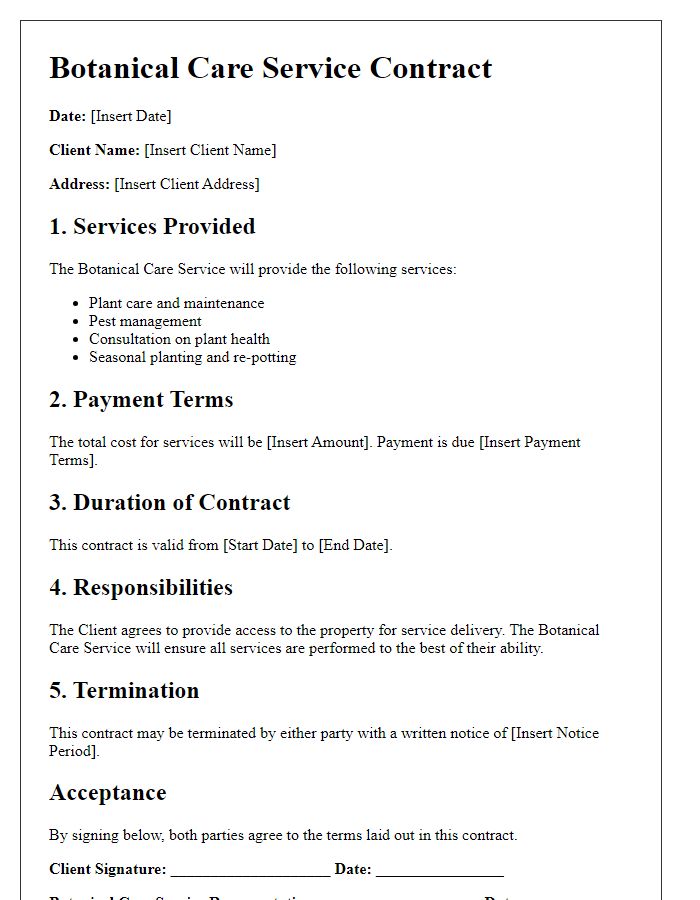 Letter template of botanical care service contract.