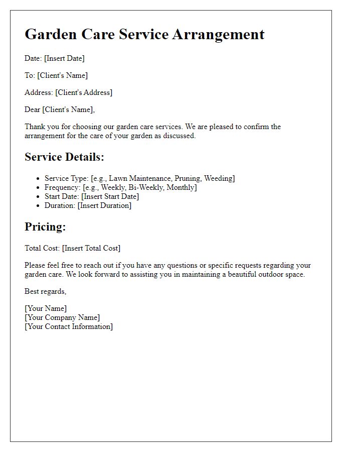 Letter template of garden care service arrangement.