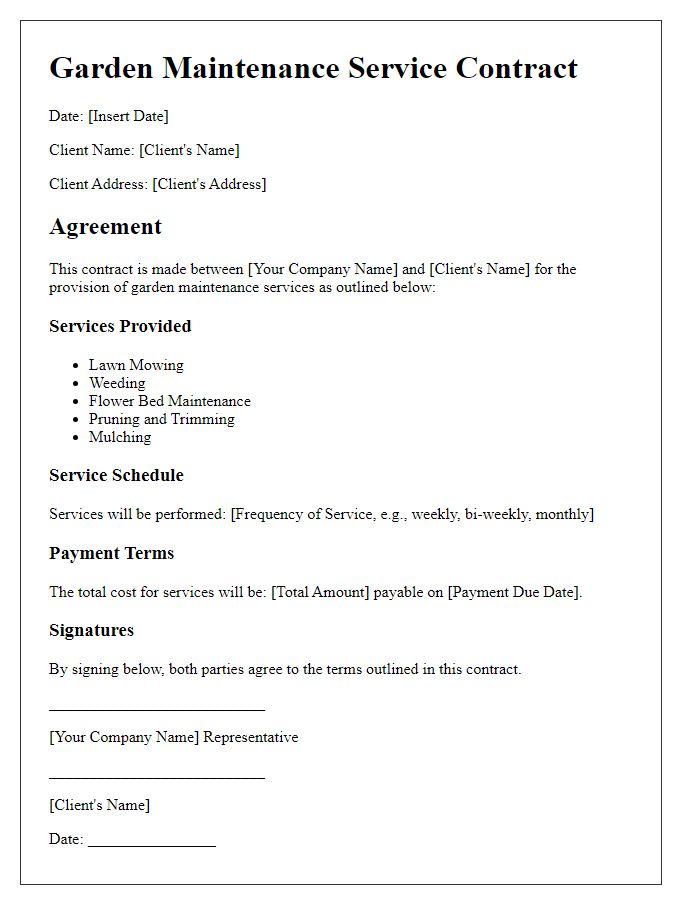 Letter template of garden maintenance service contract.