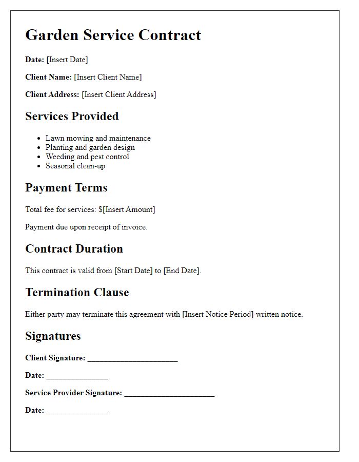 Letter template of garden service contract terms.