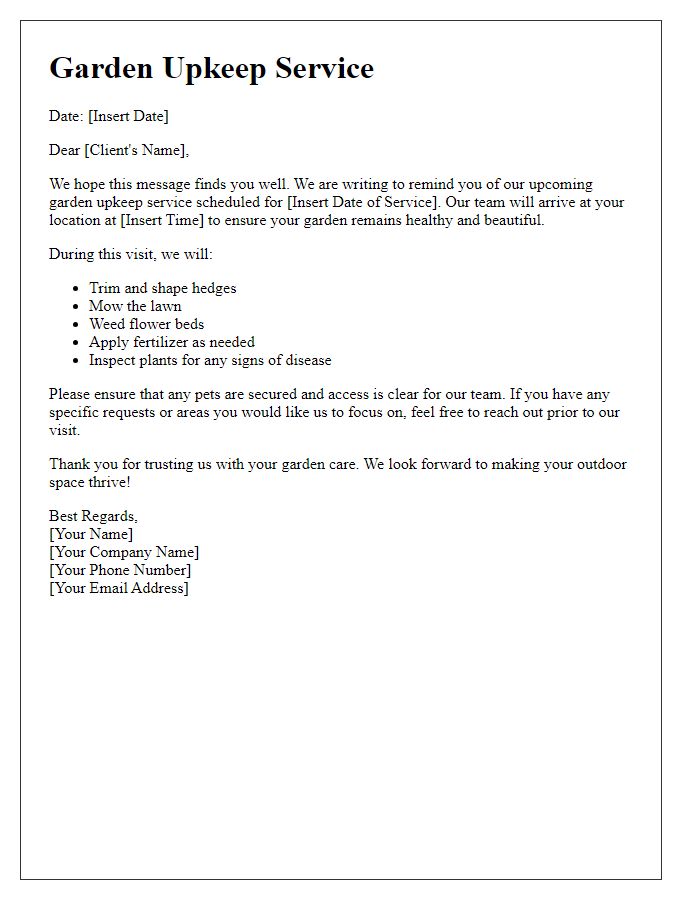 Letter template of garden upkeep service letter.