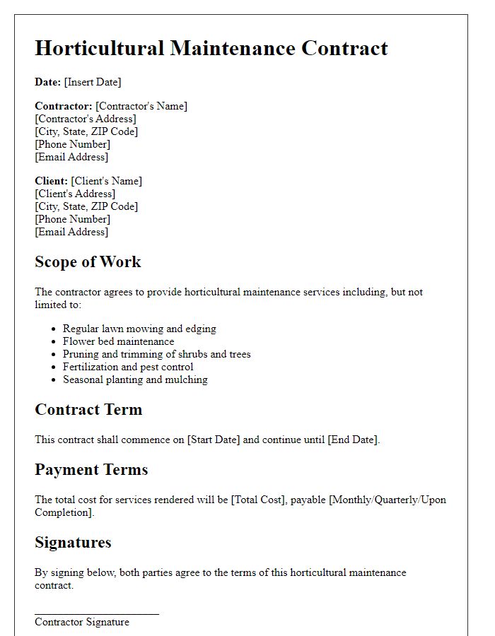 Letter template of horticultural maintenance contract.