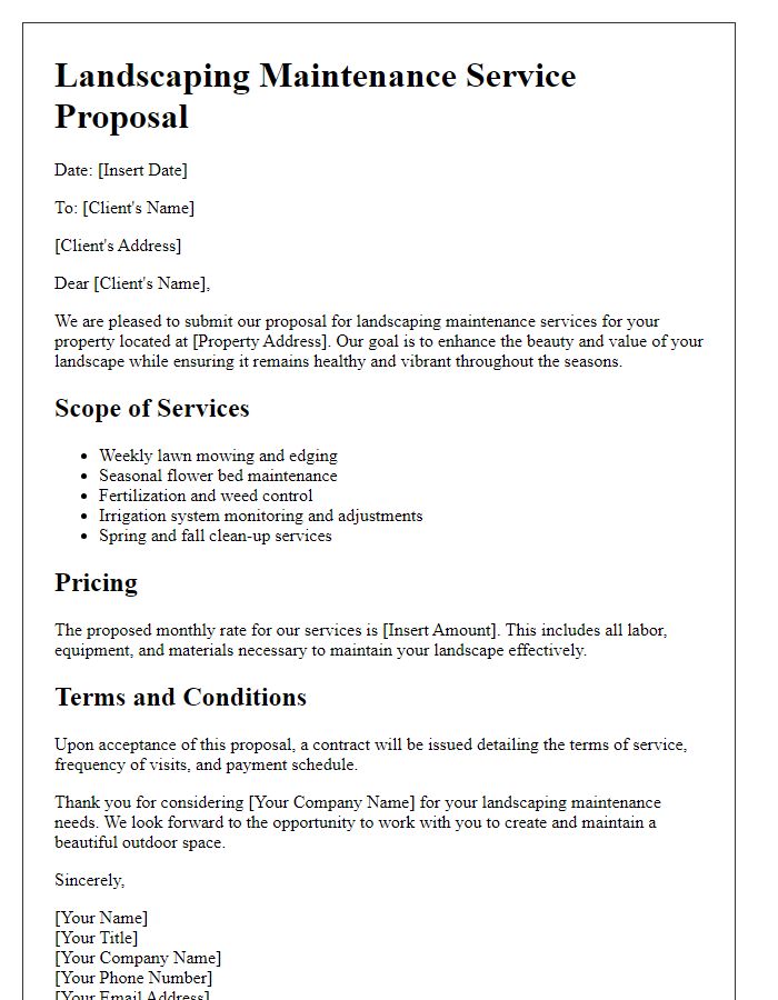 Letter template of landscaping maintenance service proposal.