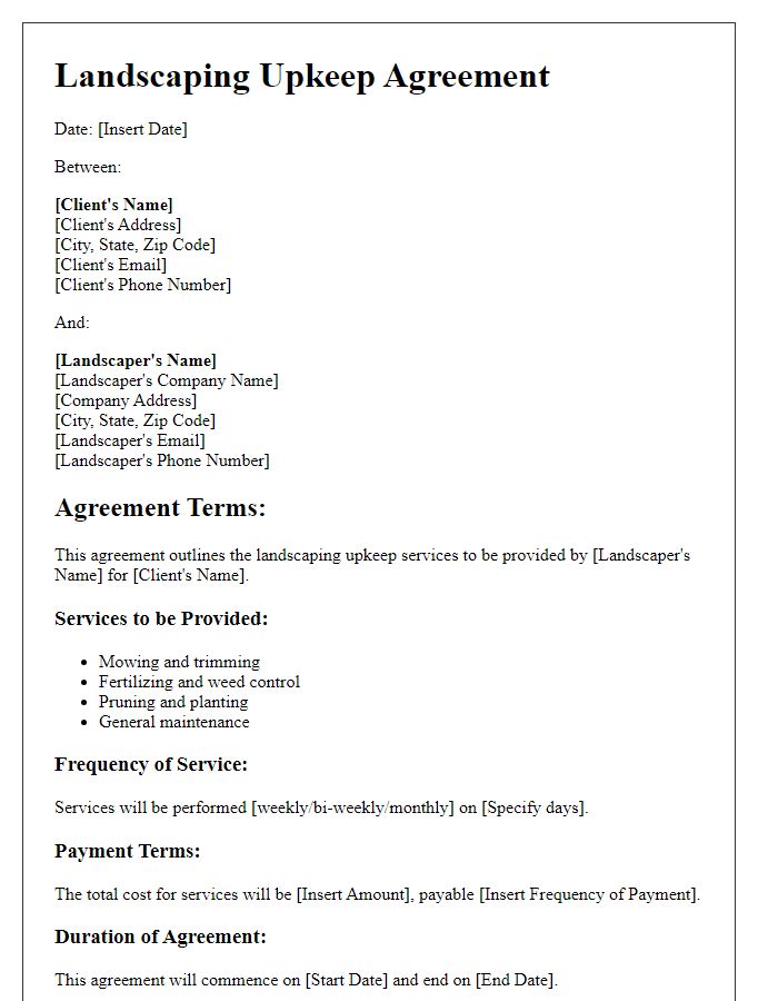 Letter template of landscaping upkeep agreement.