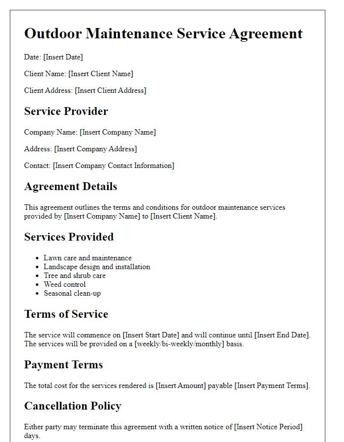 Letter template of outdoor maintenance service agreement.